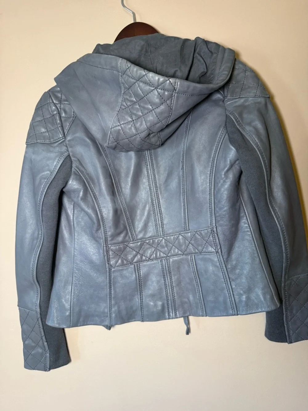 Michael Kors Slate Gray Hooded Moto Jacket Ribbed Knit Panels S